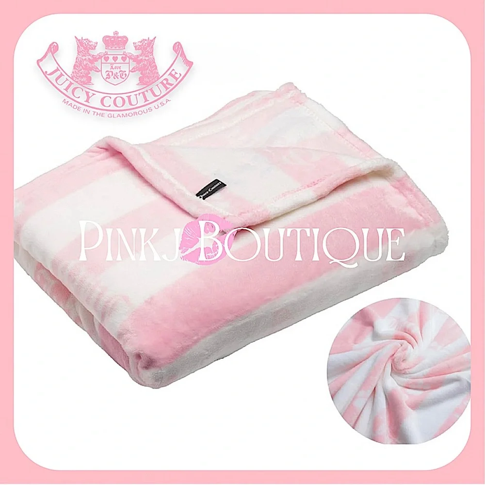 💗🐾 2pc {Juicy Couture} Pink Stripe {Paws} Throw Blanket+Bone Shape Pillow Set!